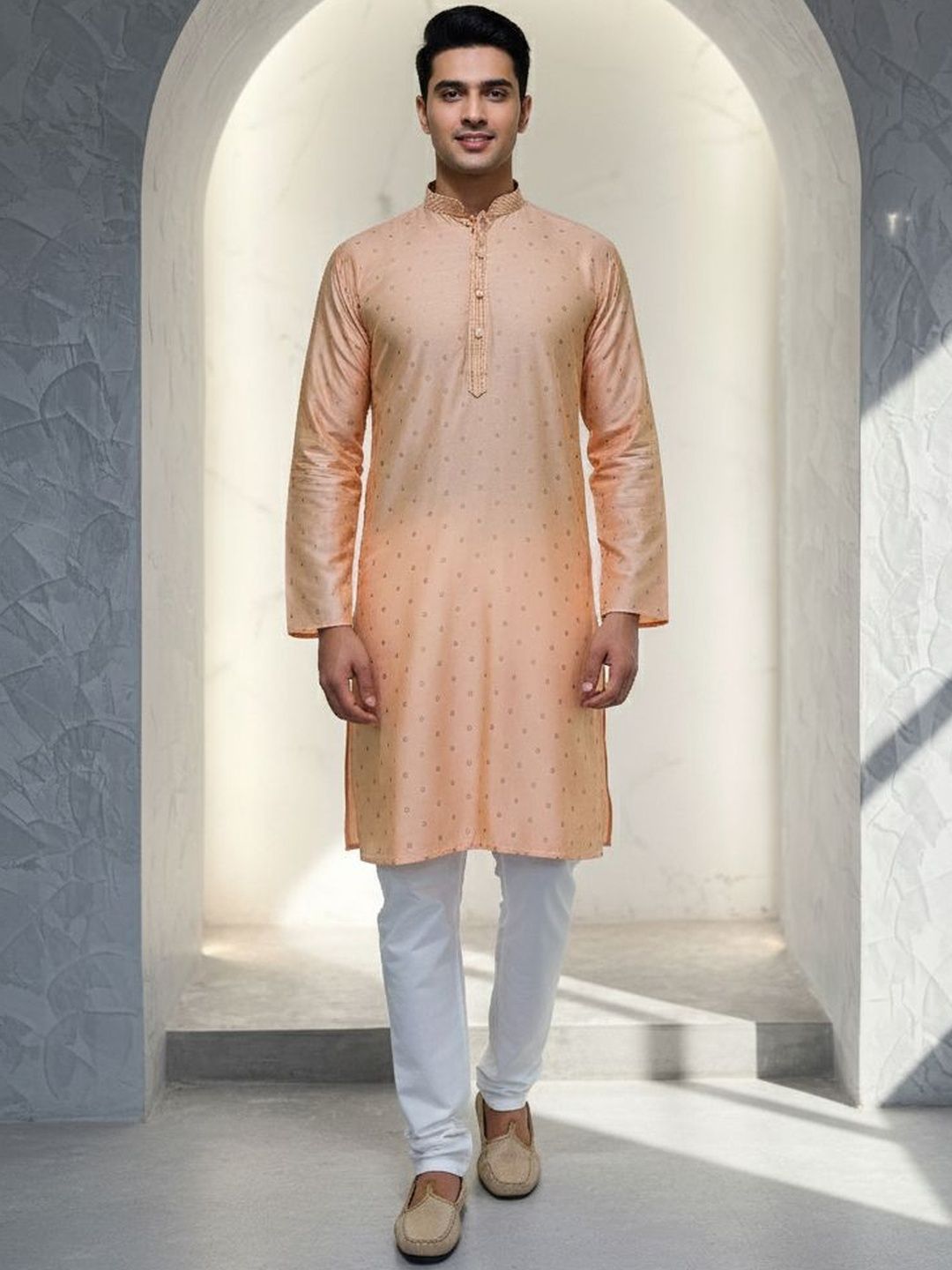 Men Ethnic Motifs Woven Design Mandarin Collar Straight Kurta with Pyjamas