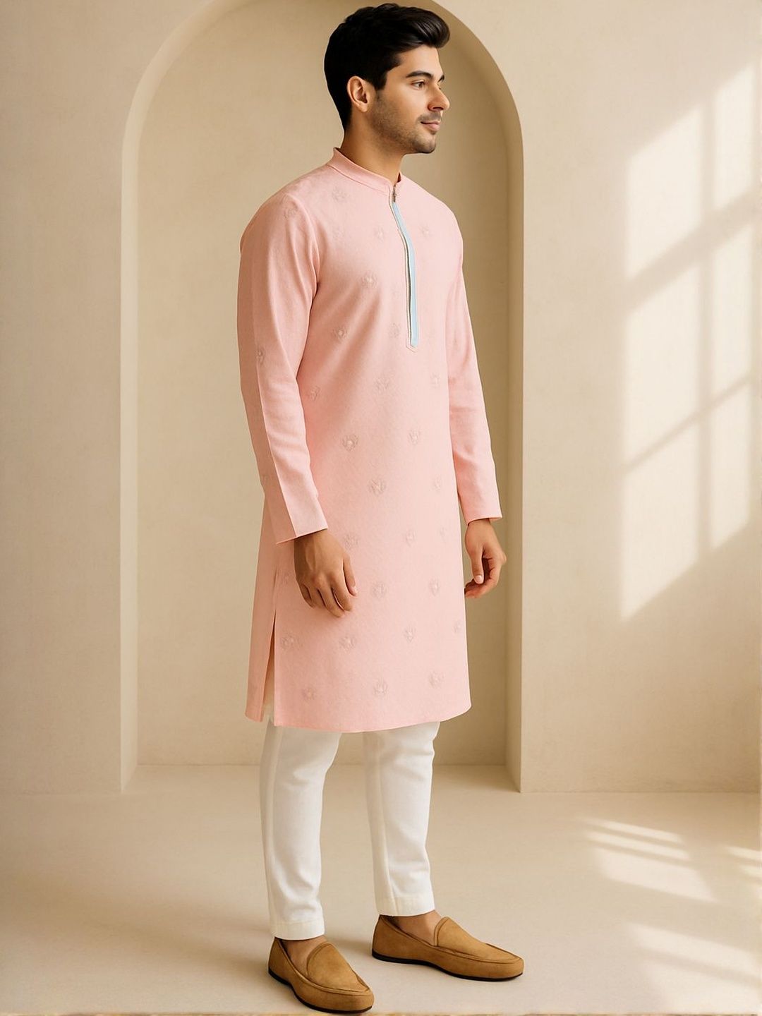 Men Pink Regular Fit Full Sleeve Kurta Set