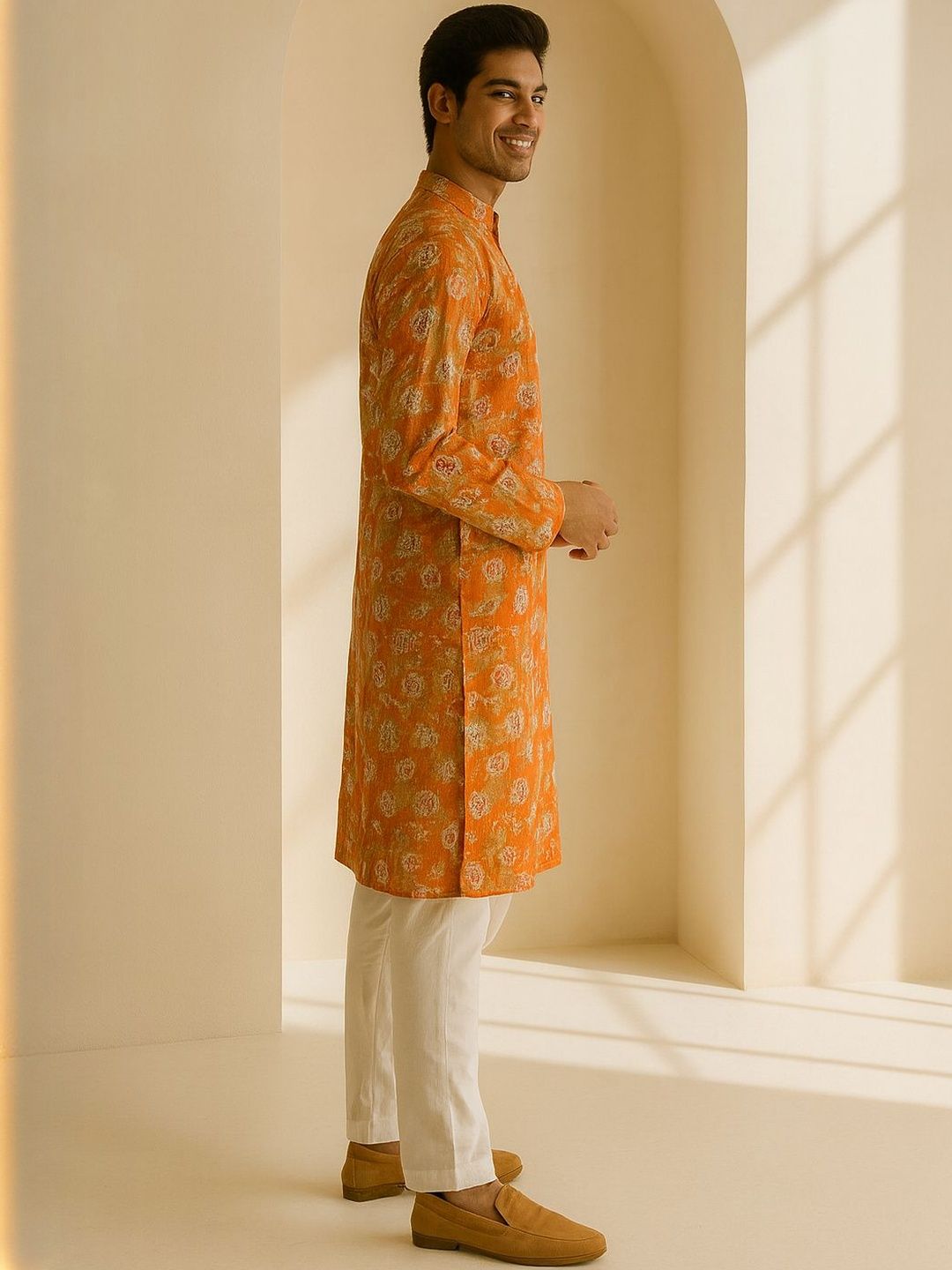 Men Orange Self Design Regular Fit Full Sleeve Kurta Set