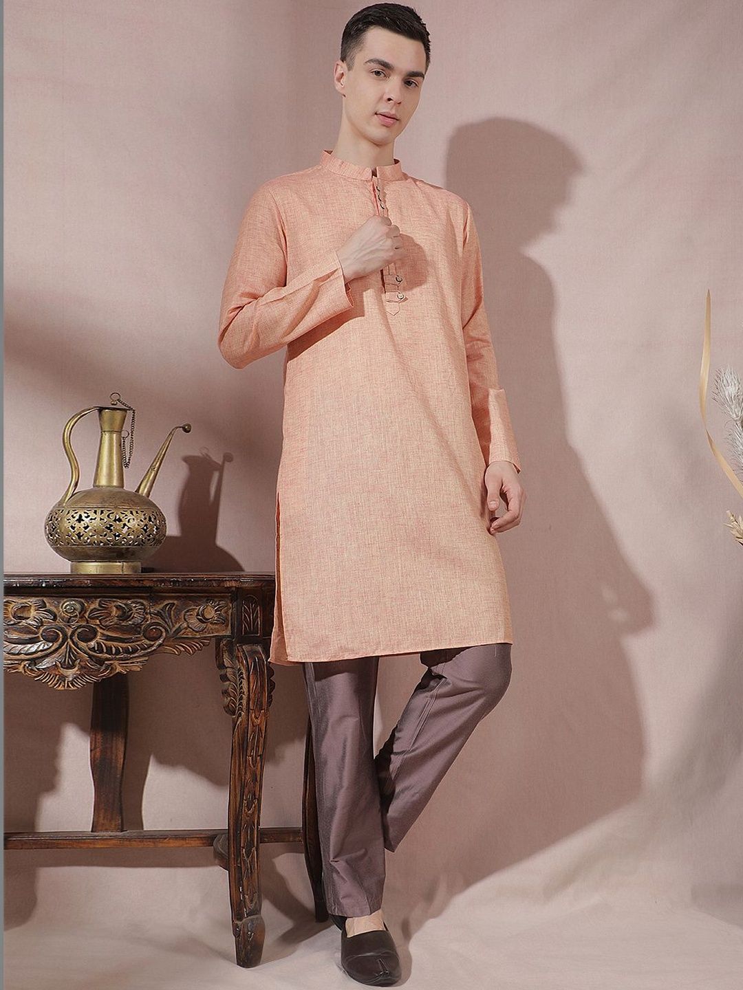Men Regular Linen Kurta with Trousers