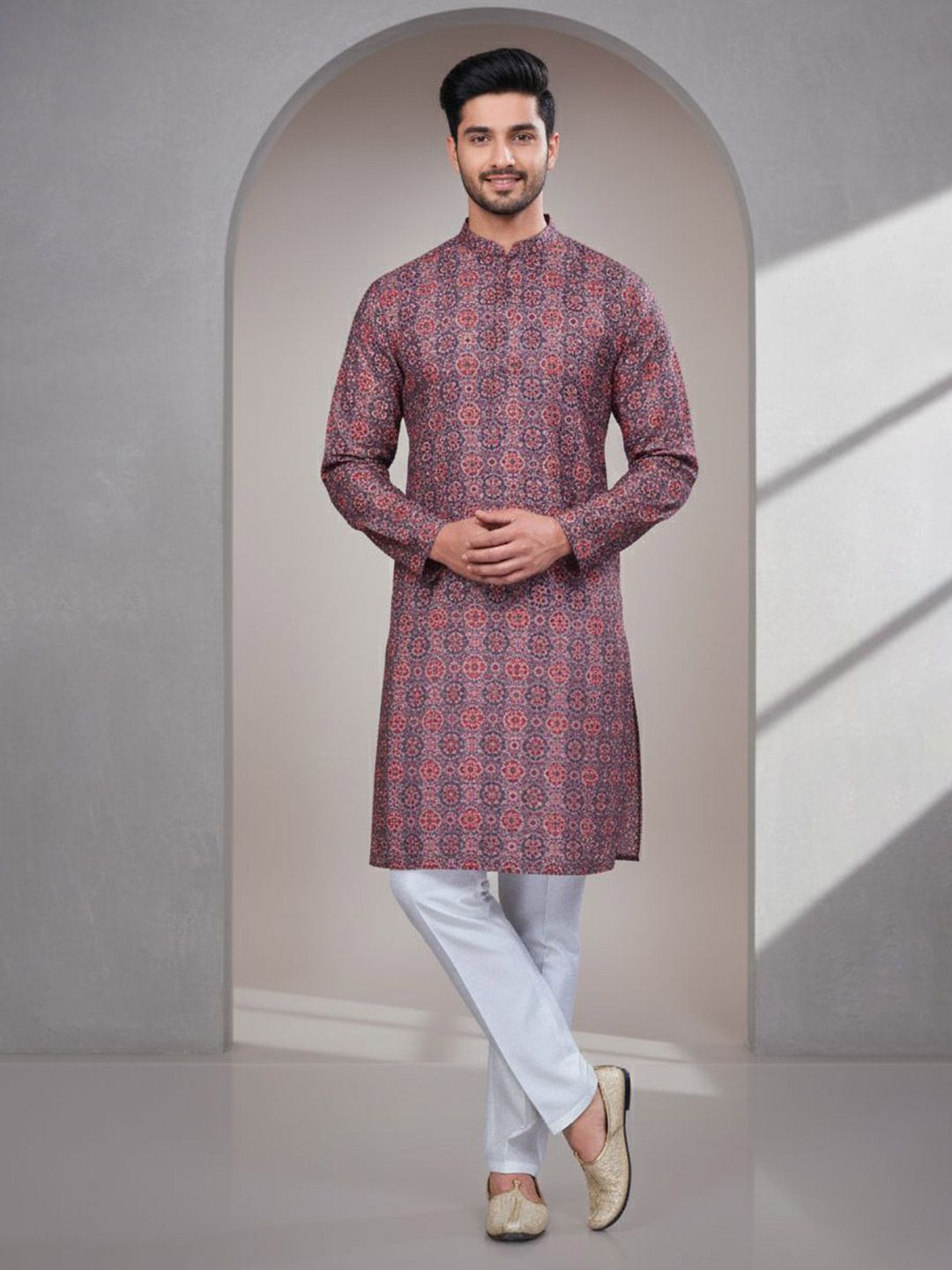 Men Geometric Thread Work Kurta
