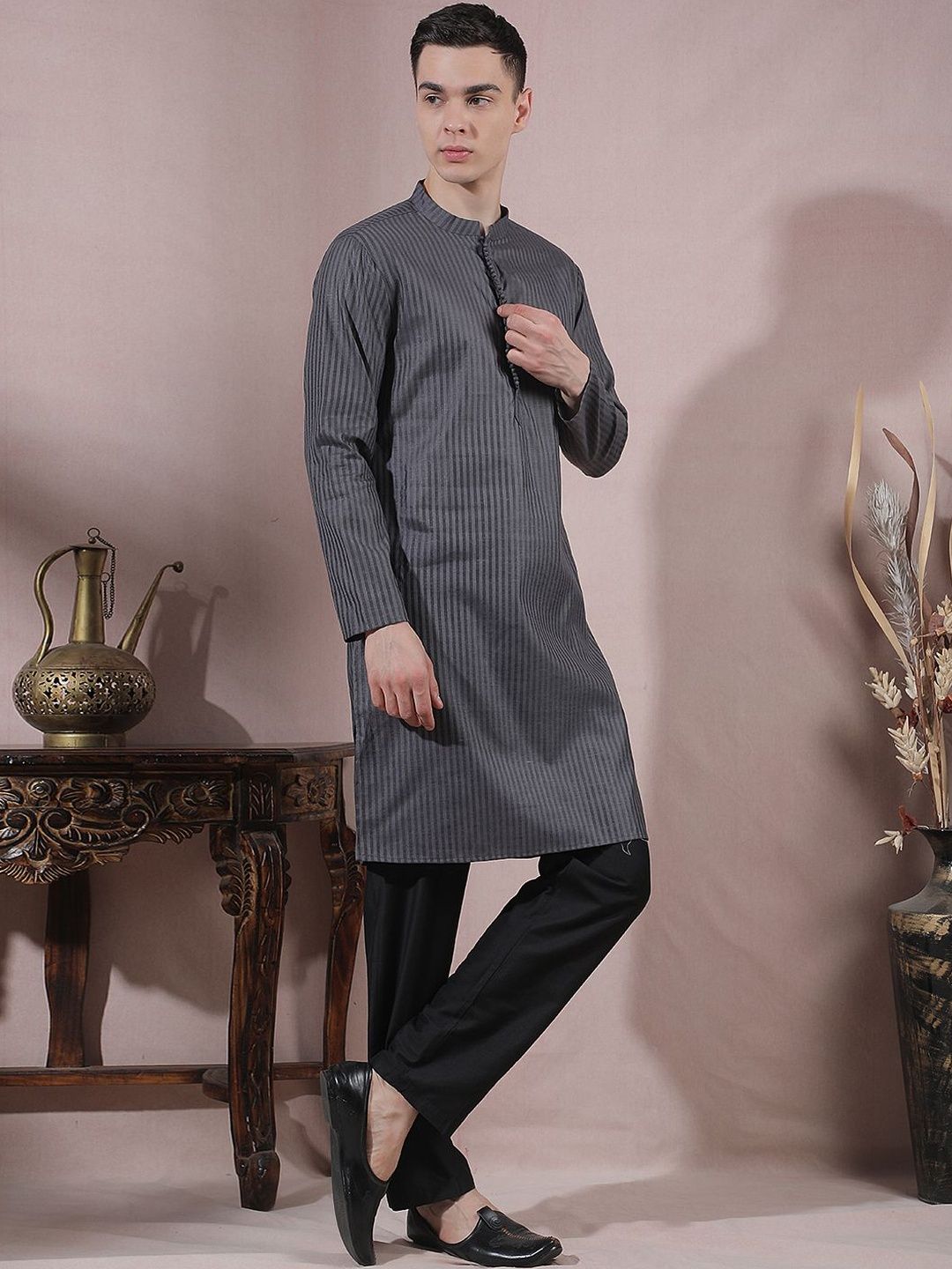 Men Striped Regular Kurta with Trousers