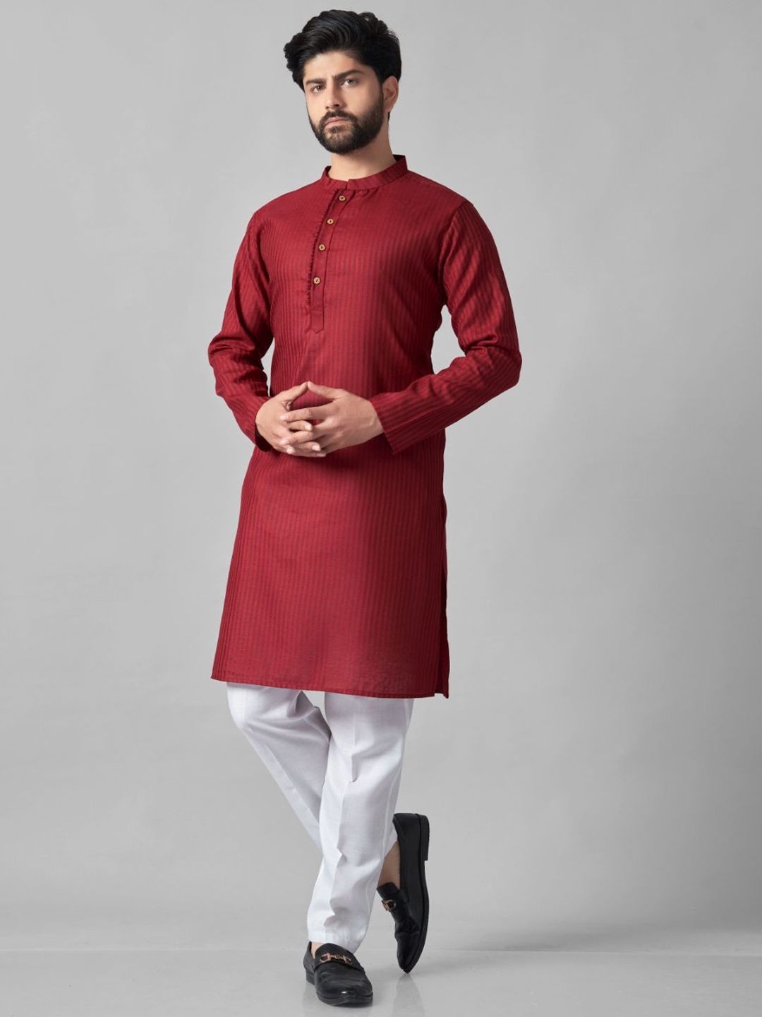 Striped Mandarin Collar Straight Kurta & Pyjamas
