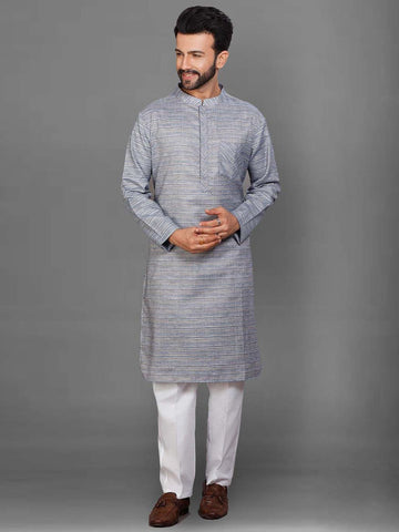 Striped Pure Cotton Mandarin Collar Straight Kurta & Pyjamas