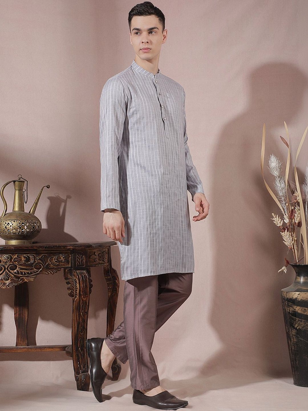 Men Striped Regular Linen Kurta with Trousers