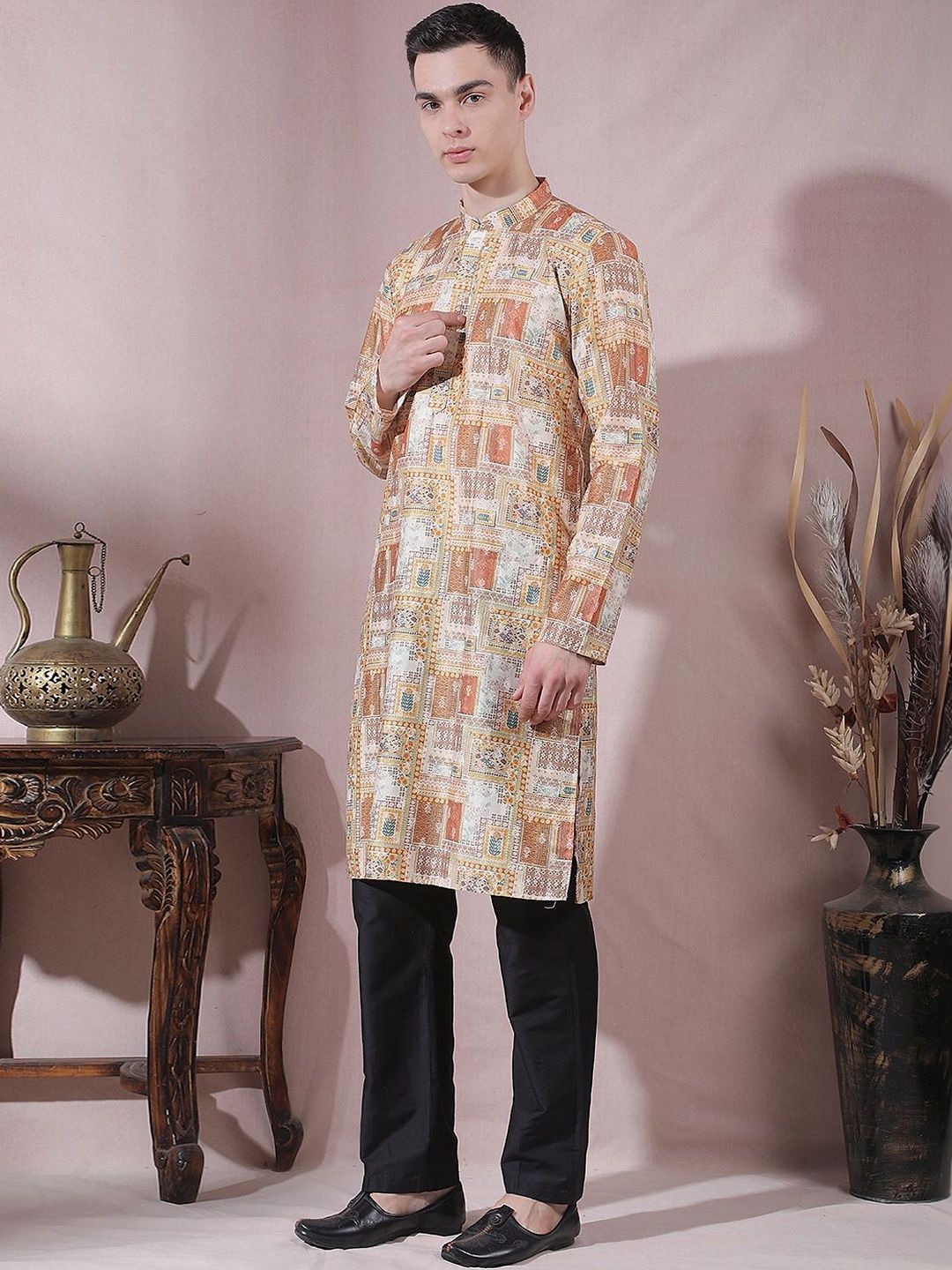 Men Checked Jacquard Kurta