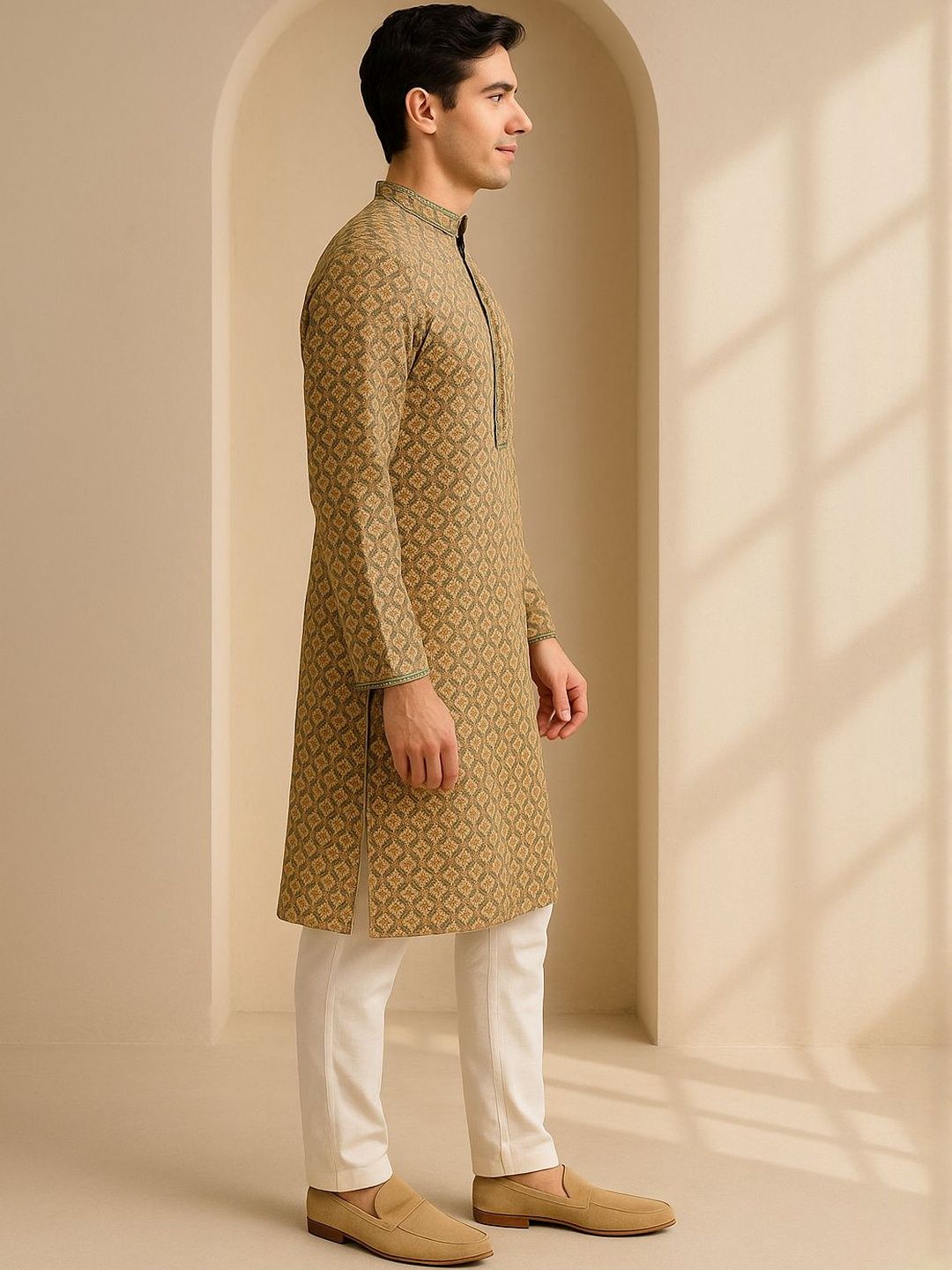 Men Teal Regular Fit Full Sleeve Kurta Set