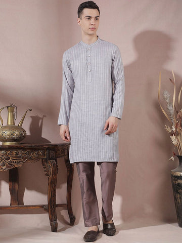 Men Striped Regular Linen Kurta with Trousers