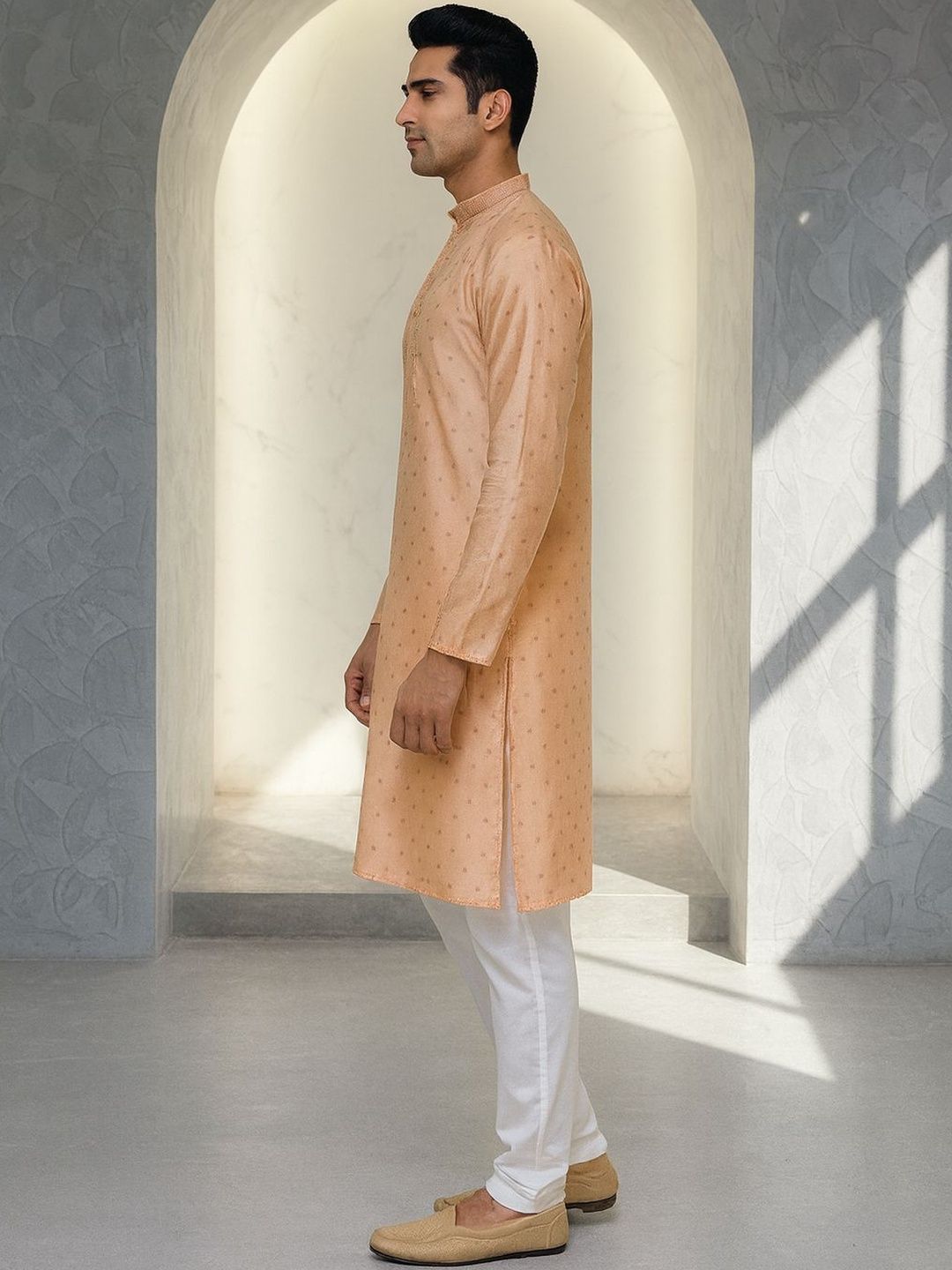 Men Ethnic Motifs Woven Design Mandarin Collar Straight Kurta with Pyjamas