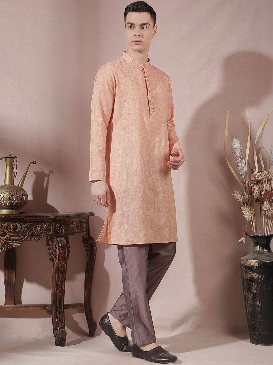 Men Regular Linen Kurta with Trousers