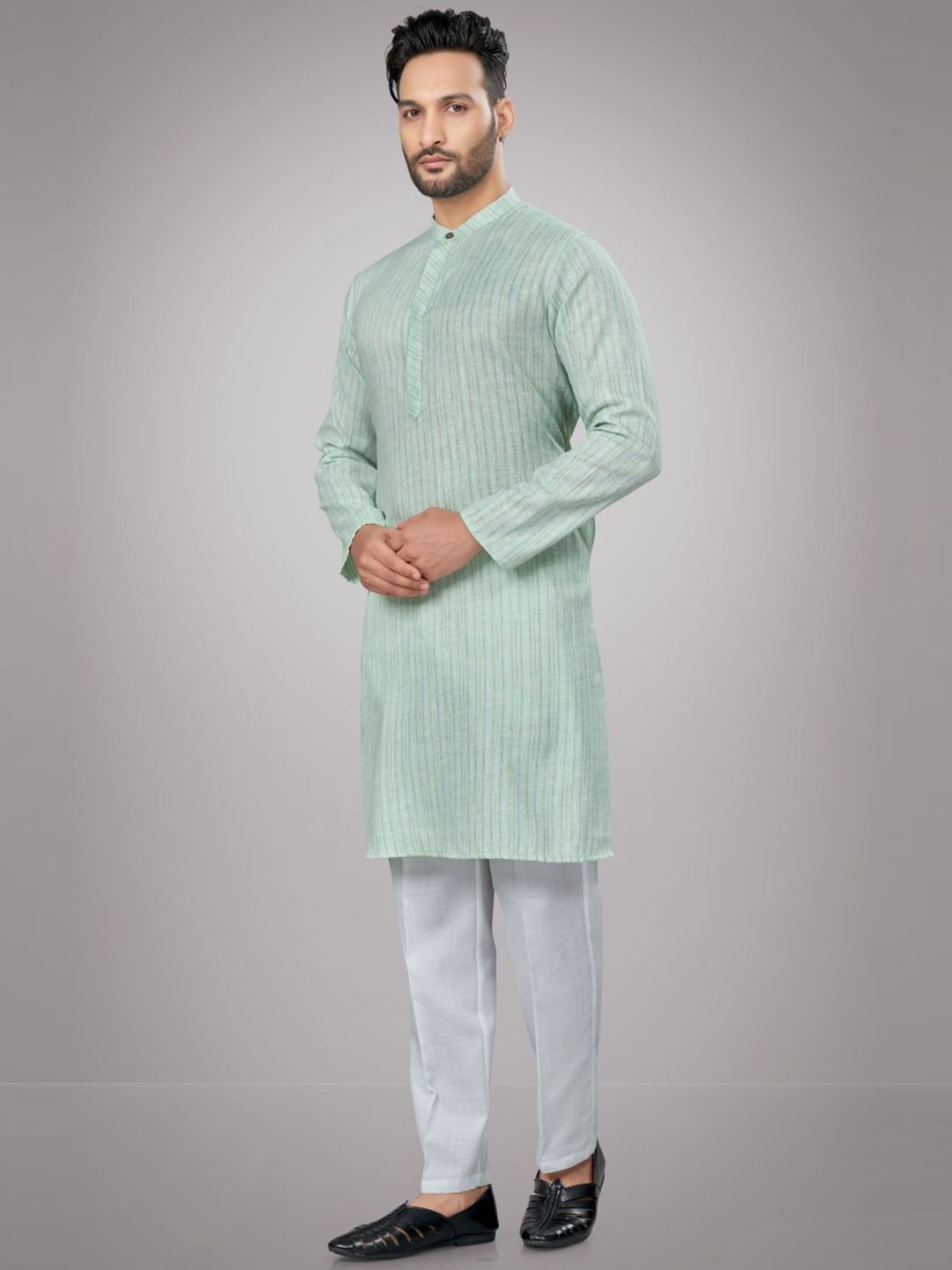 Striped Mandarin Collar Straight Kurta