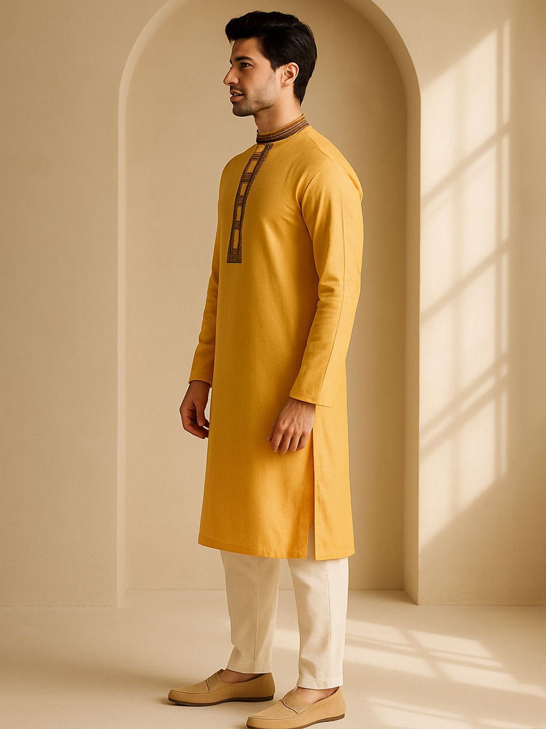 Mandarin Collar Thread Work Straight Kurta