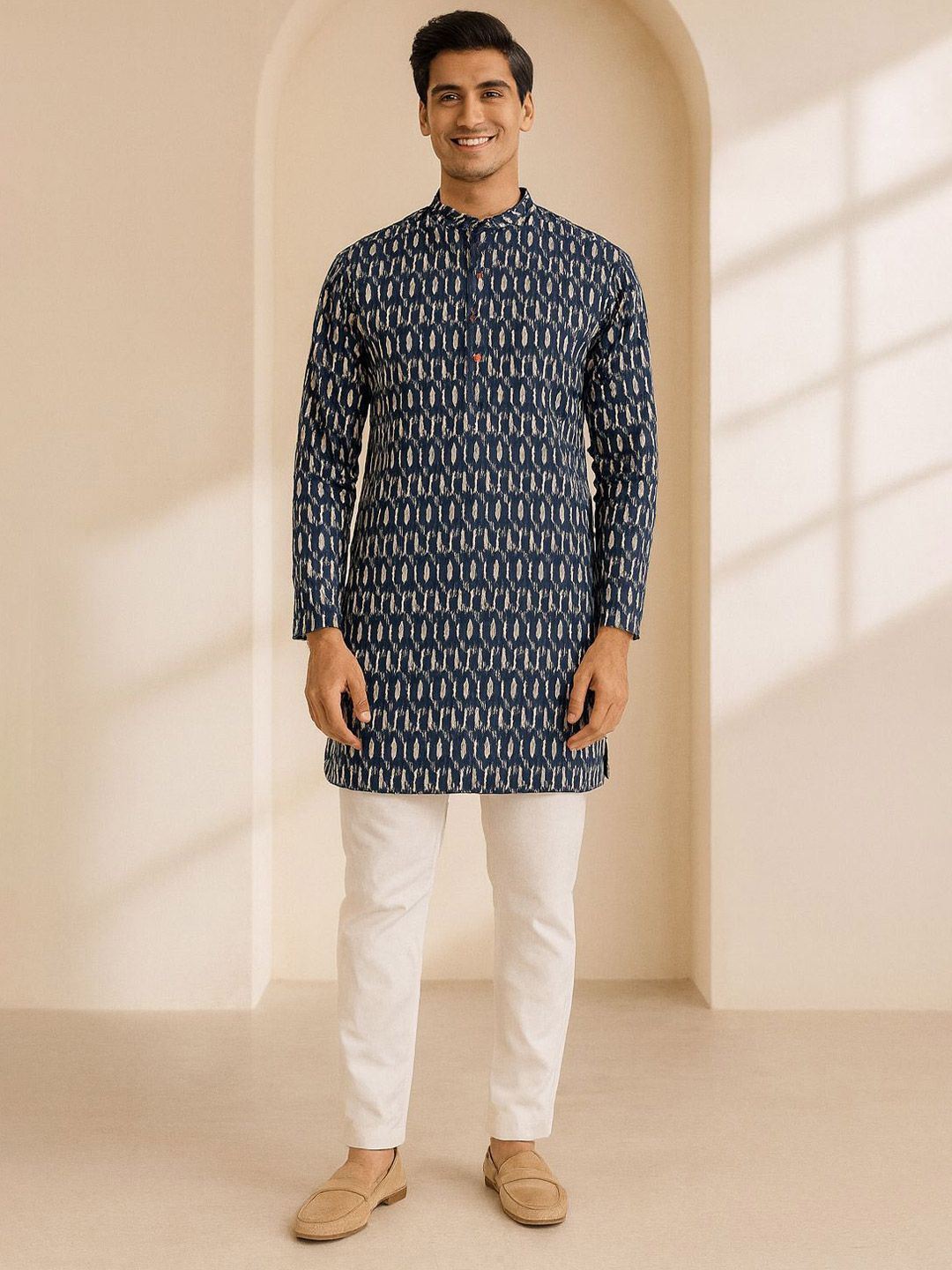 Geometric Printed Mandarin Collar Thread Work Straight Kurta