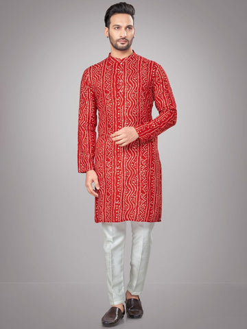 Men Bandhani Printed Mandarin Collar Regular Kurta with Pyjamas