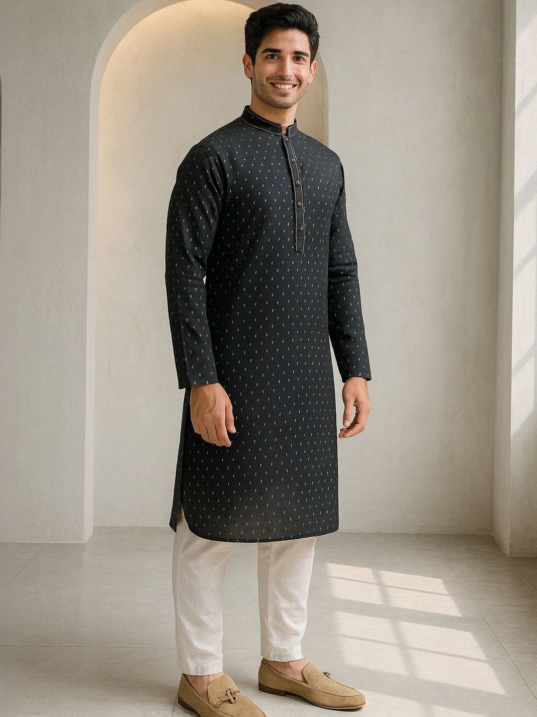 Men Ethnic Motifs Printed Knee Length Regular Straight Kurta with Pyjamas