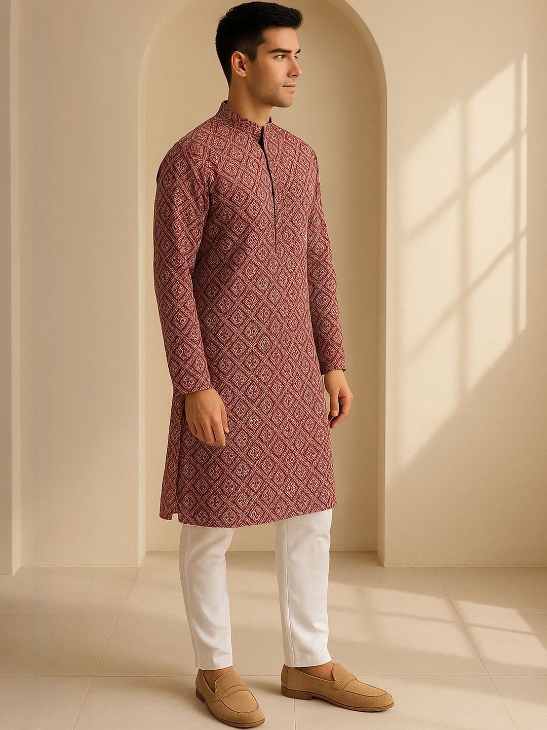 Men Red Regular Fit Full Sleeve Mandarin Collar Kurta Set