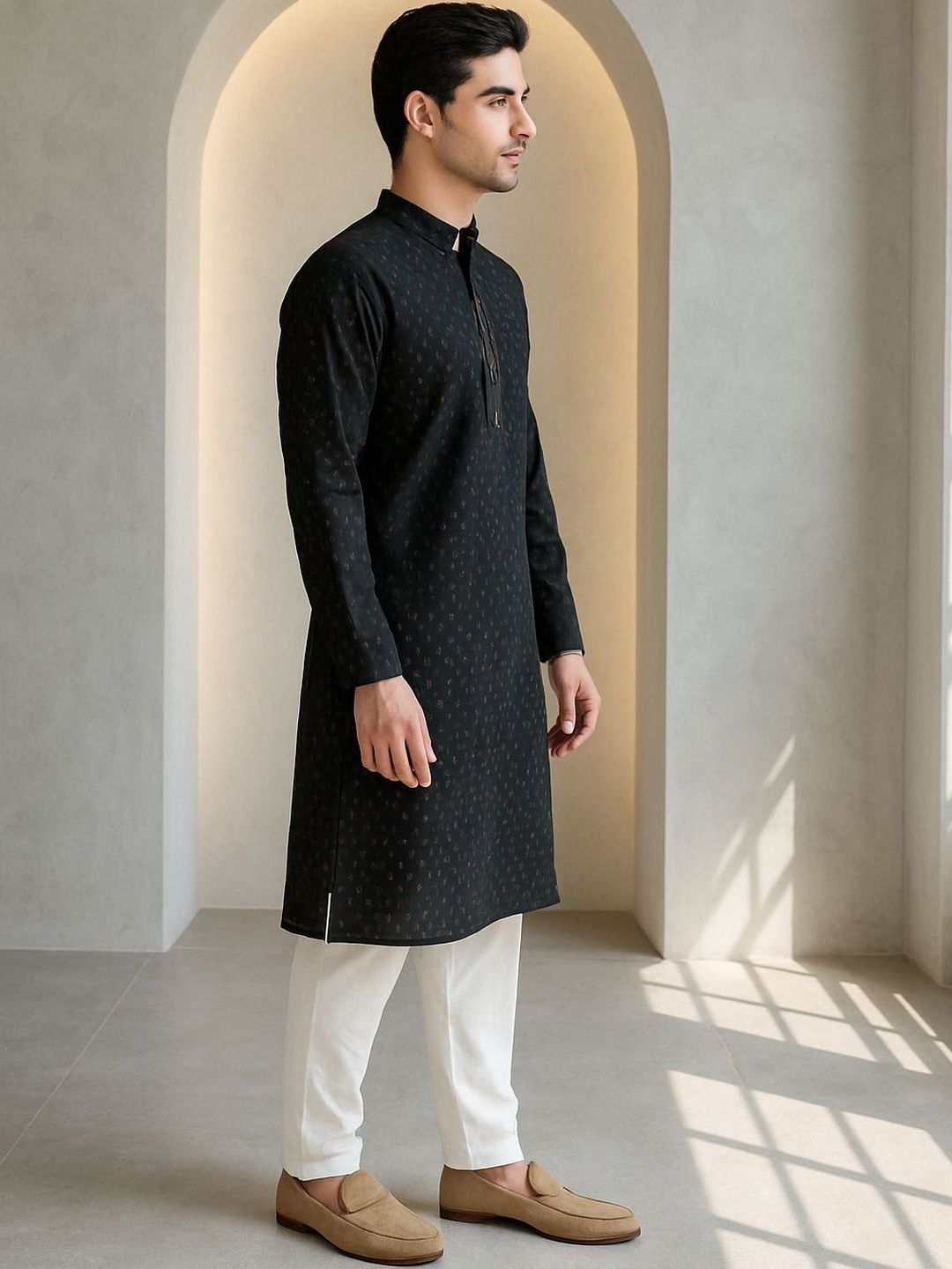 Men Ethnic Motifs Printed Knee Length Regular Straight Kurta with Pyjamas