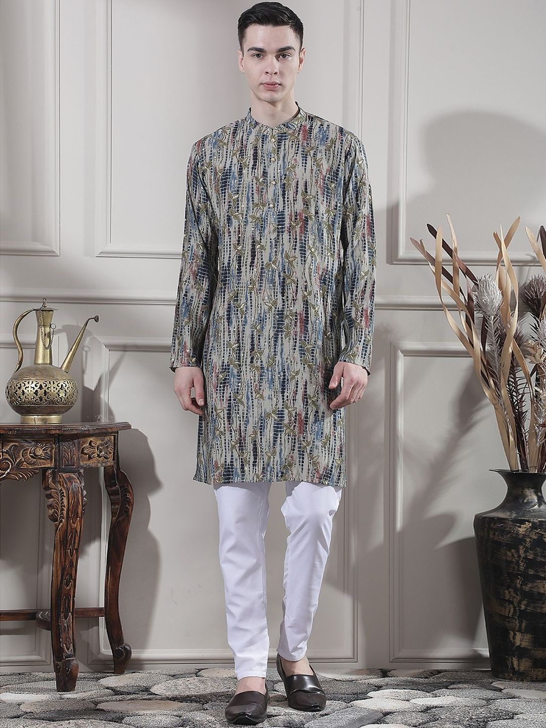 Men Printed Regular Sequinned Kurta with Trousers