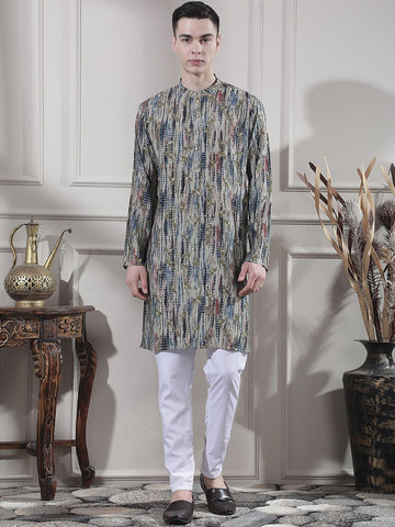 Men Printed Regular Sequinned Kurta with Trousers