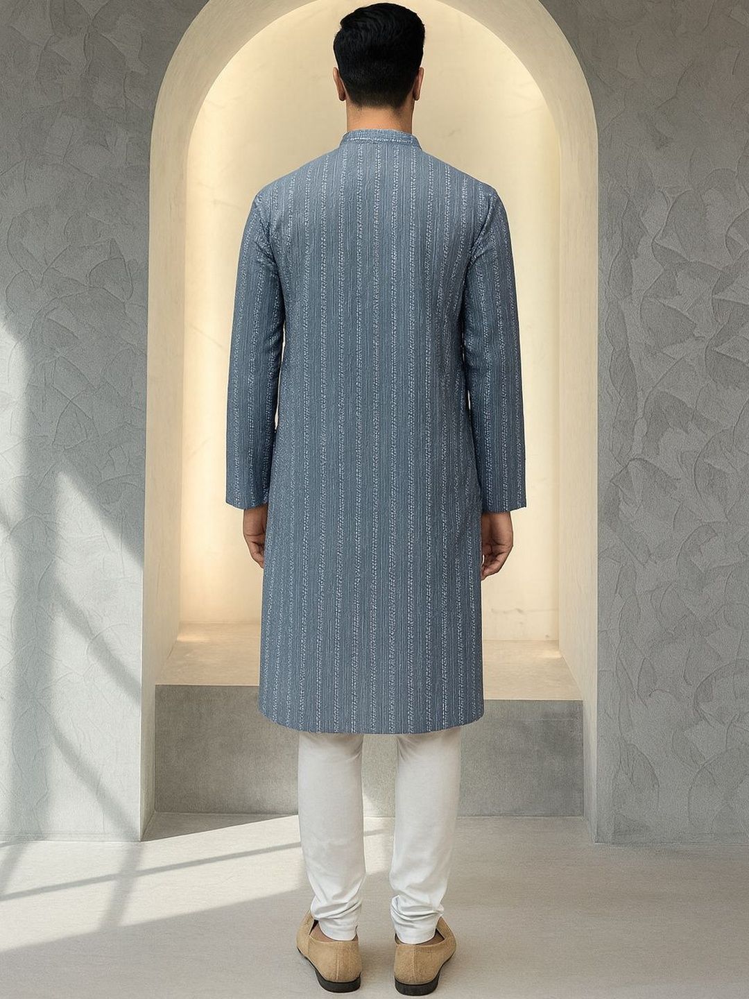 Men Striped Woven Design Kurta with Churidar