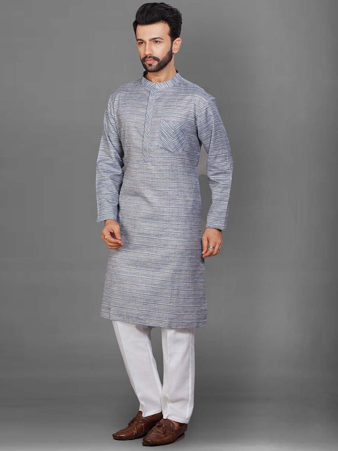 Striped Pure Cotton Mandarin Collar Straight Kurta & Pyjamas