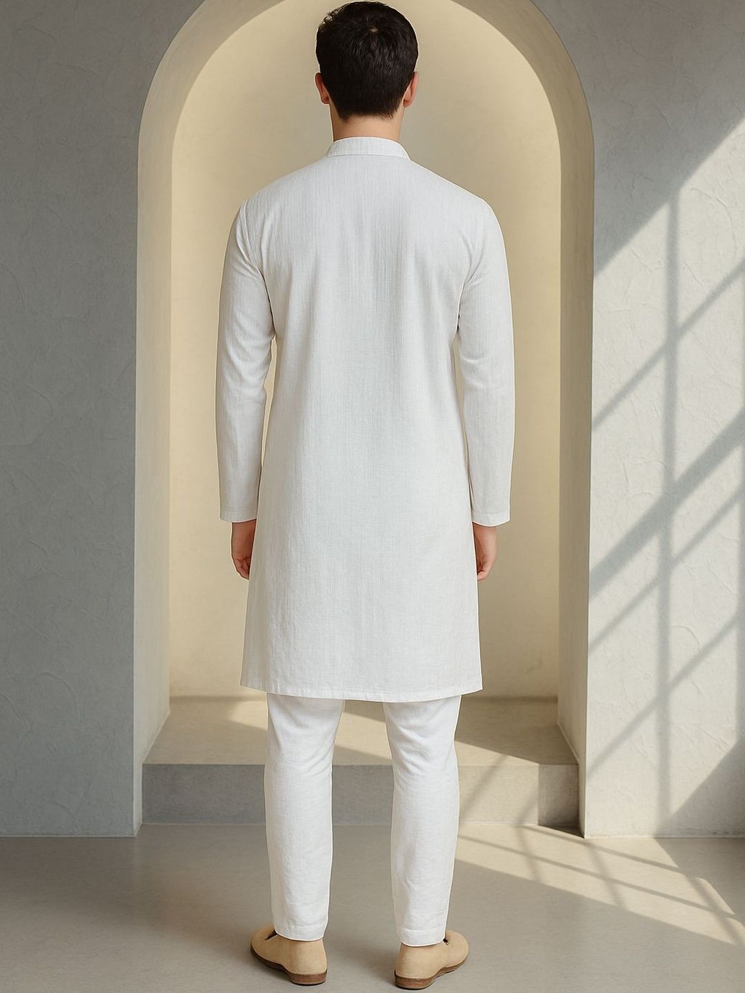 Men White Self Design Regular Fit Full Sleeve Kurta Set