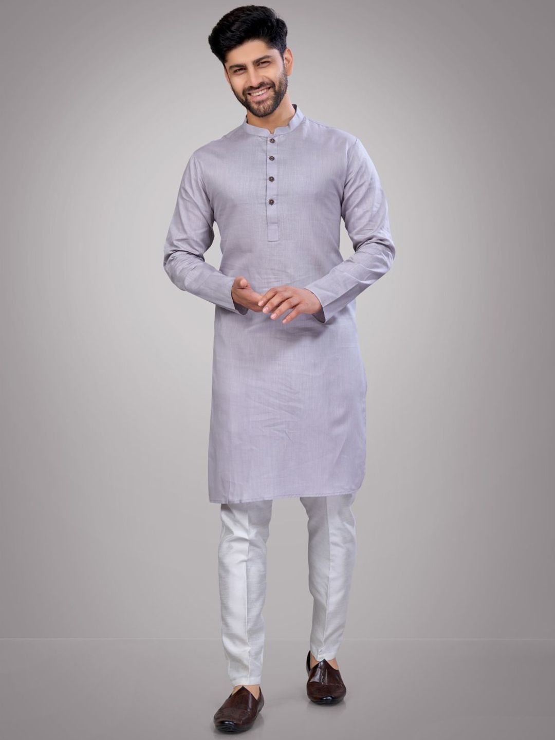 Self Design Mandarin Collar Straight Kurta With Pyjamas