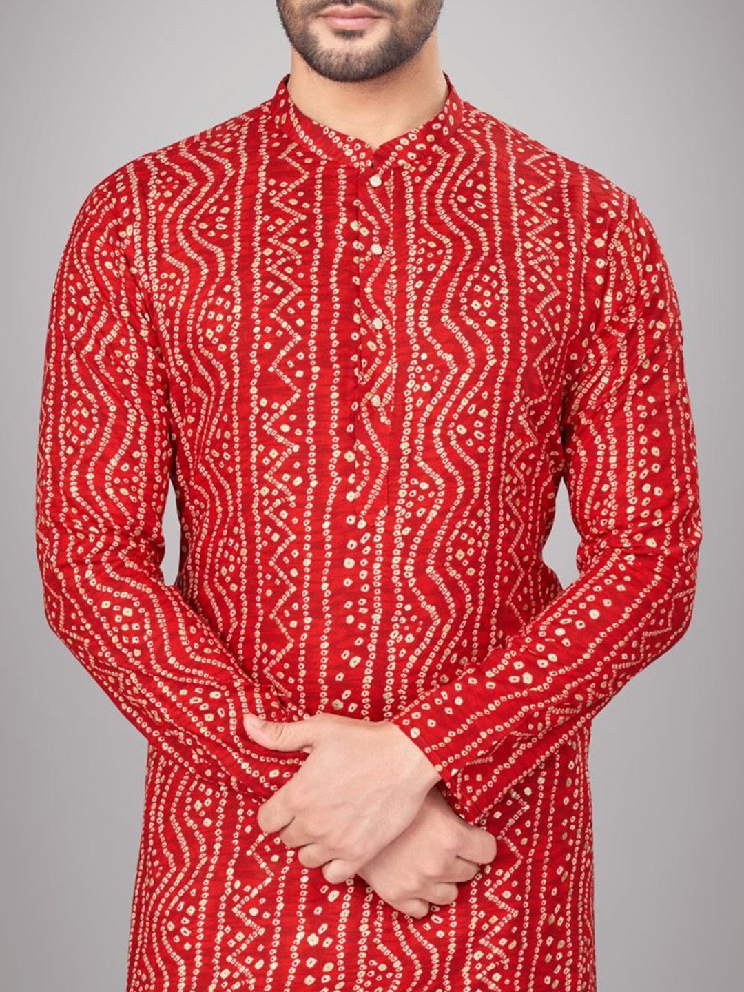 Men Bandhani Printed Mandarin Collar Regular Kurta with Pyjamas