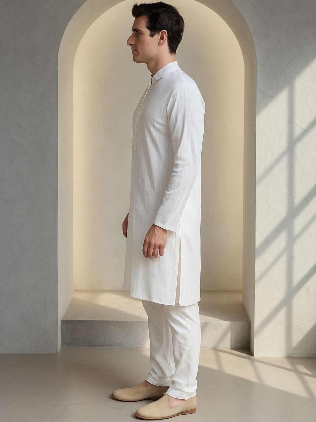 Men White Self Design Regular Fit Full Sleeve Kurta Set