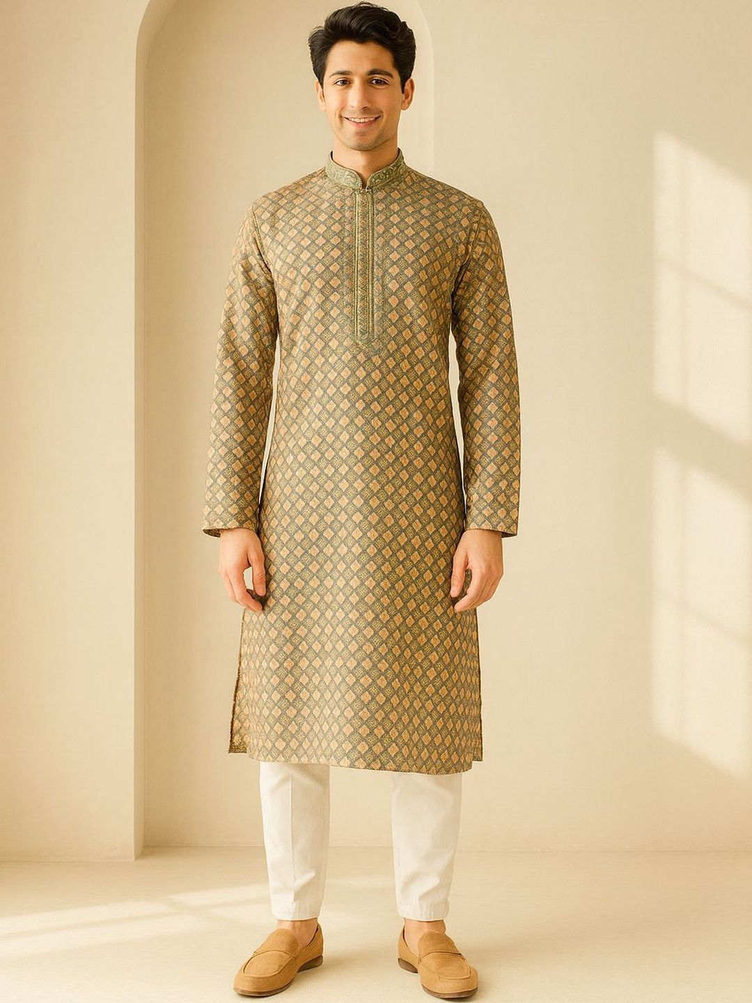 Men Teal Regular Fit Full Sleeve Kurta Set