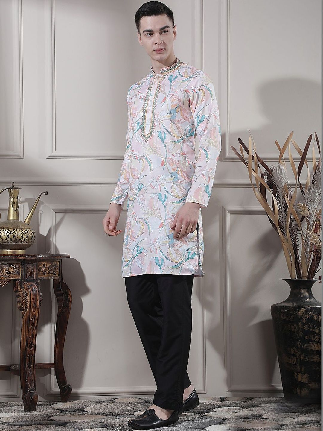 Men Floral Printed Regular Mirror Work Kurta with Trousers