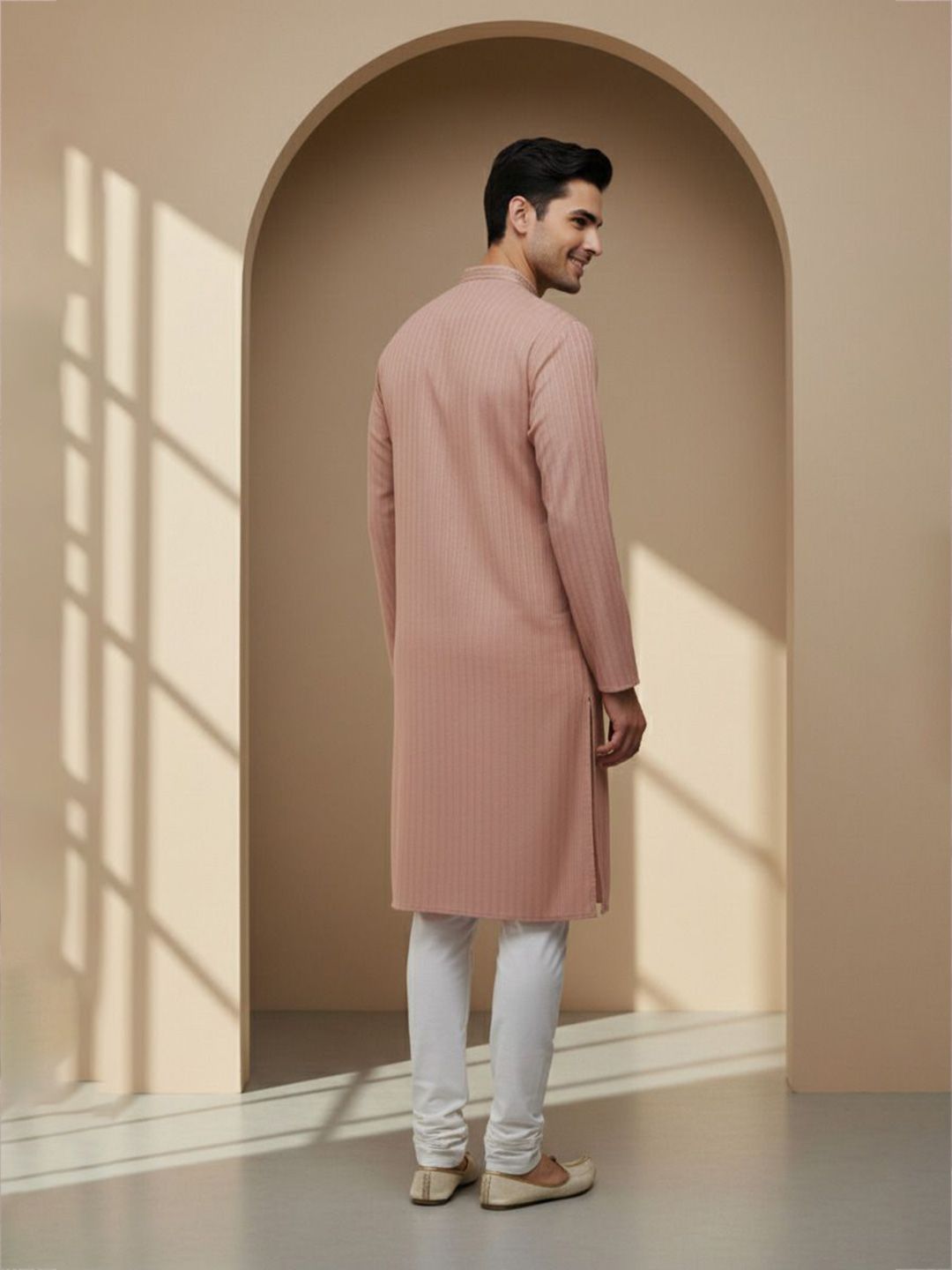 Men Solid Self Design Side Slits Calf Length Kurta
