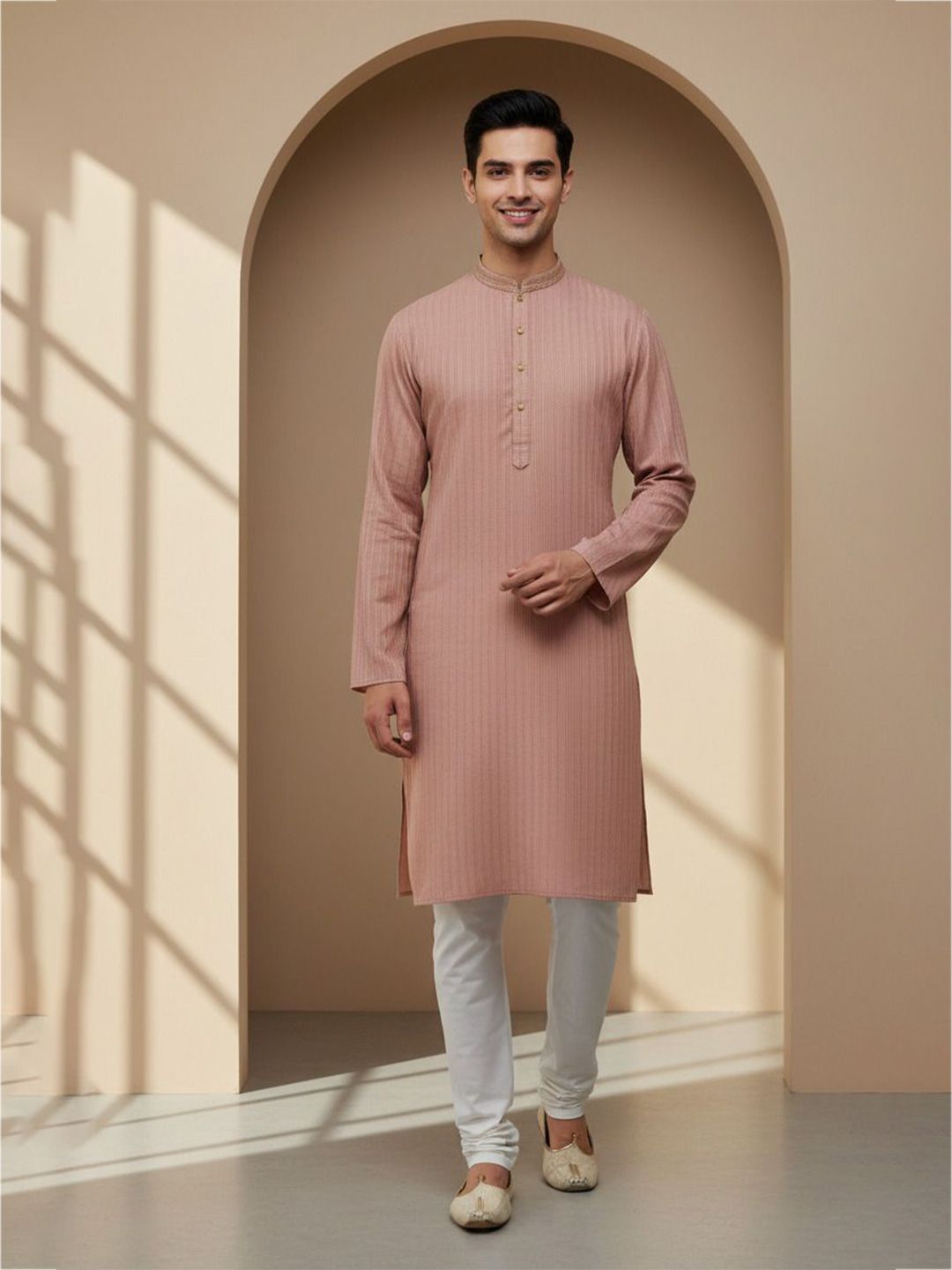 Men Solid Self Design Side Slits Calf Length Kurta
