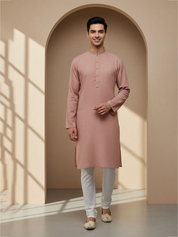 Men Solid Self Design Side Slits Calf Length Kurta
