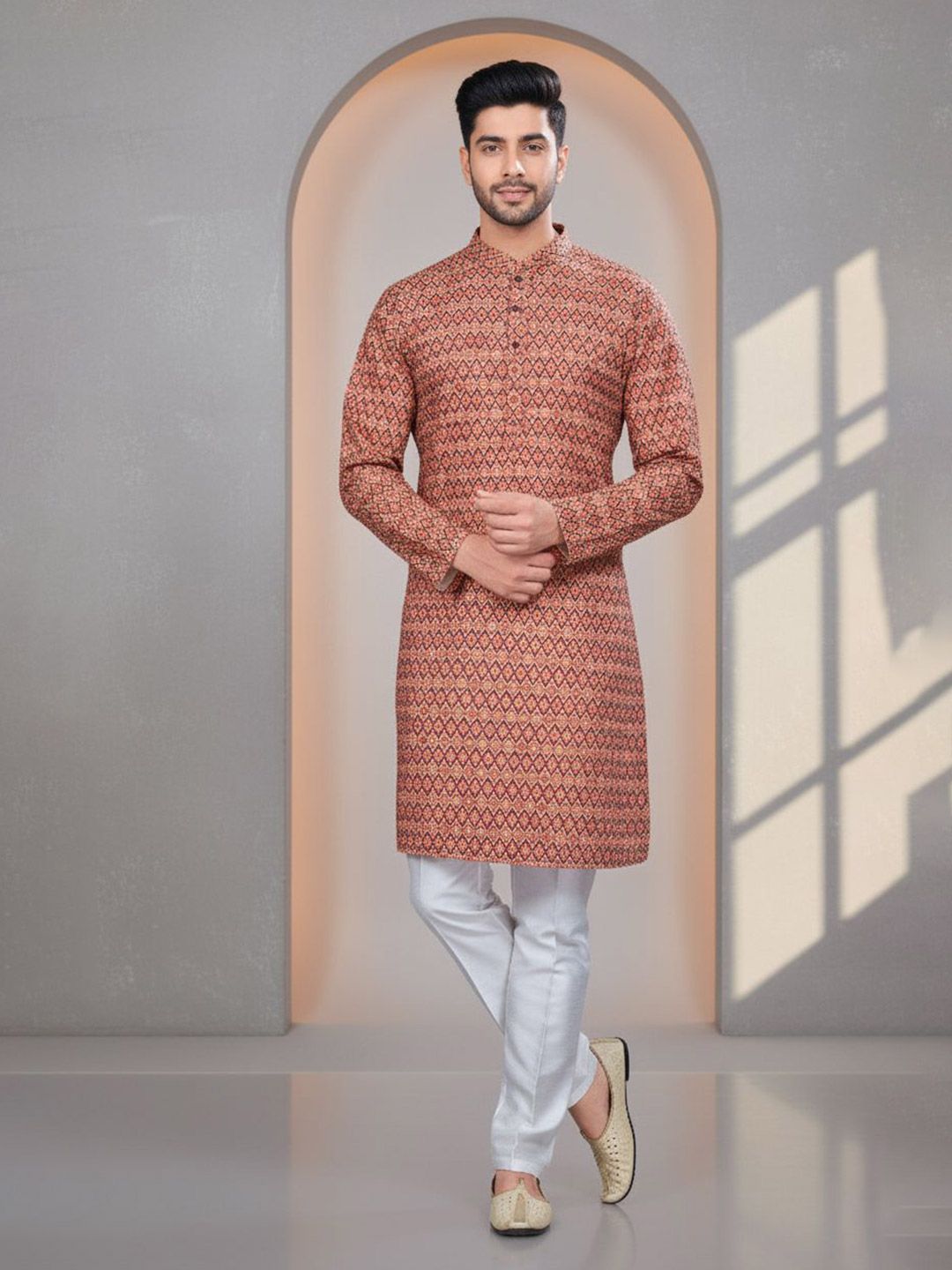 Men Geometric Thread Work Kurta