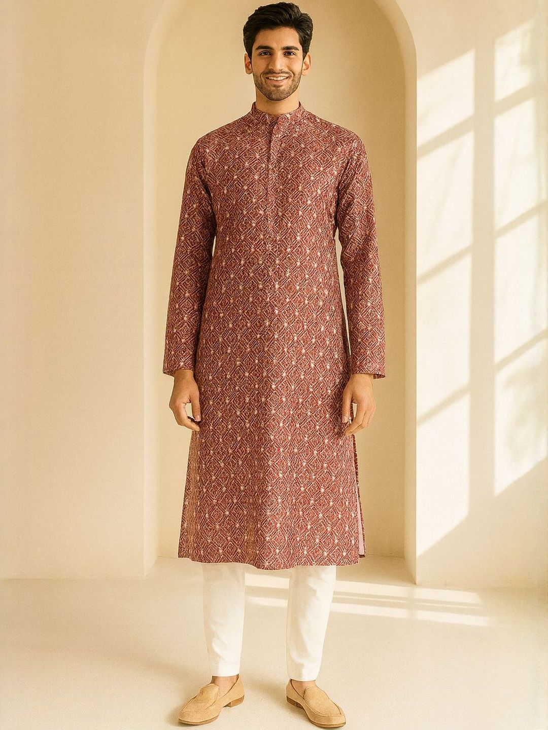 Men Red Regular Fit Full Sleeve Mandarin Collar Kurta Set