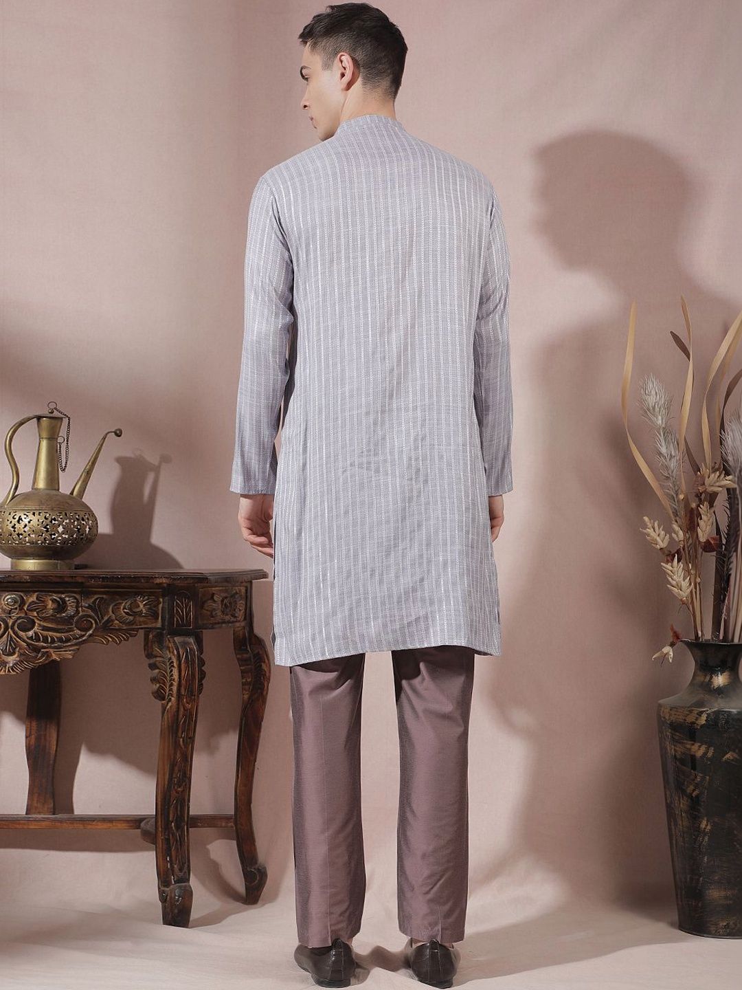 Men Striped Regular Linen Kurta with Trousers