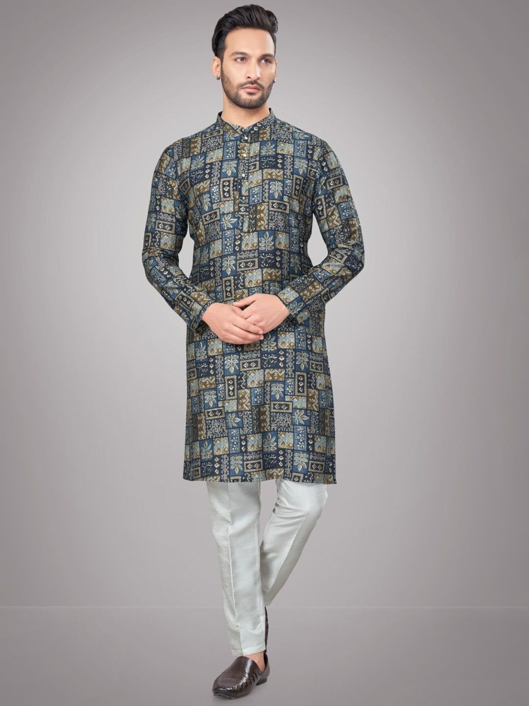Floral Printed Mandarin Collar Straight Kurta With Pyjamas