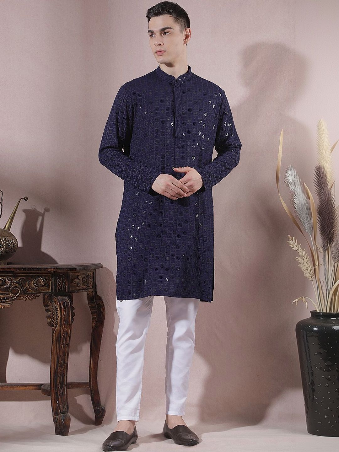 Men Regular Sequinned Kurta with Trousers