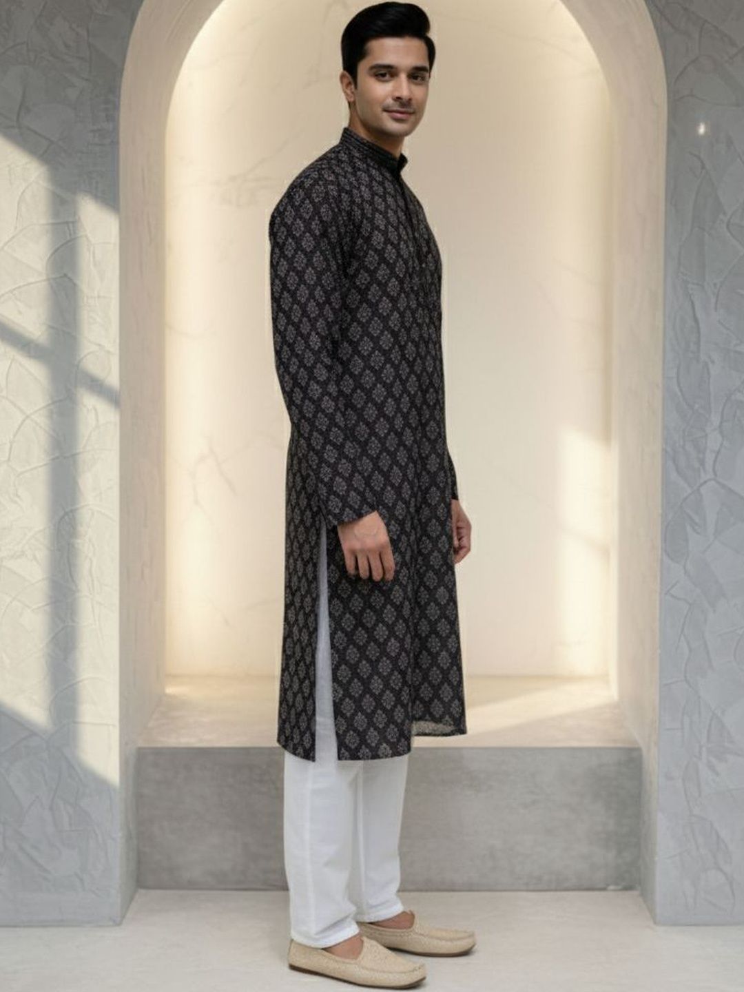 Men Brown Self Design Regular Fit Full Sleeve Kurta Set