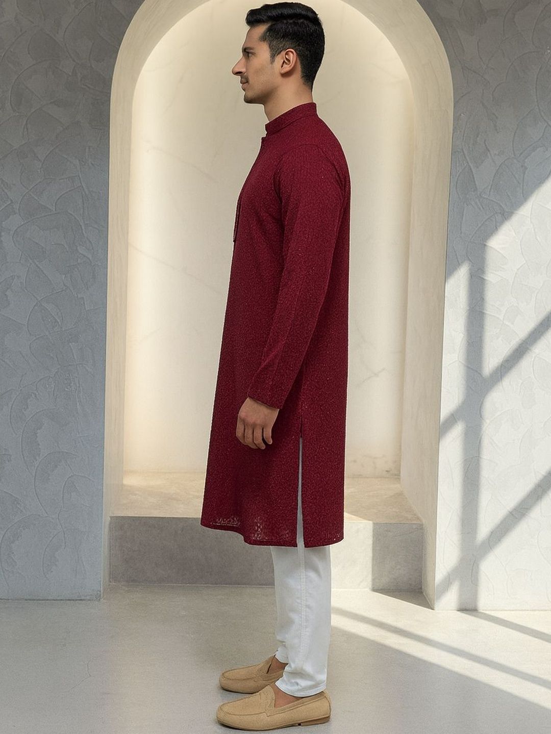 Men Woven Design Mandarin Collar Sequinned Kurta with Trousers