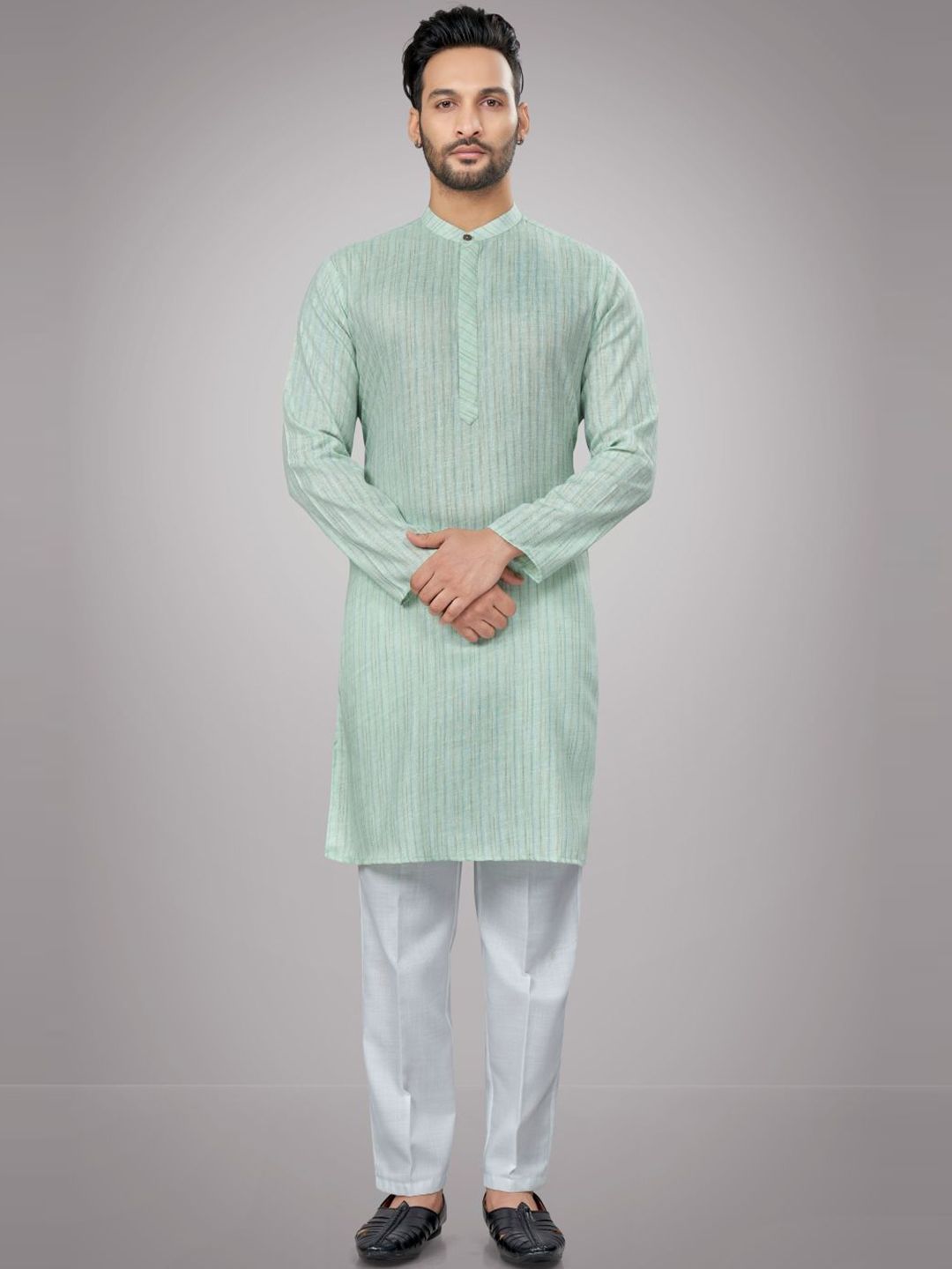 Striped Mandarin Collar Straight Kurta