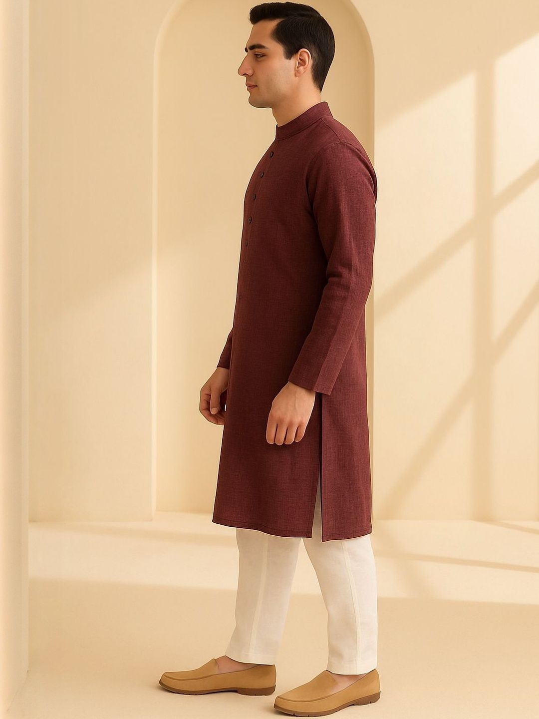 Men Pink Regular Fit Full Sleeve Mandarin Collar Kurta Set