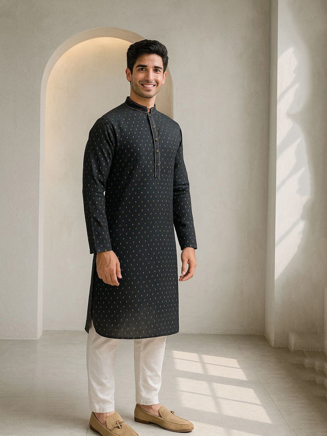 Geometric Woven Design Mandarin Collar Straight Kurta