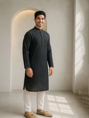 Geometric Woven Design Mandarin Collar Straight Kurta