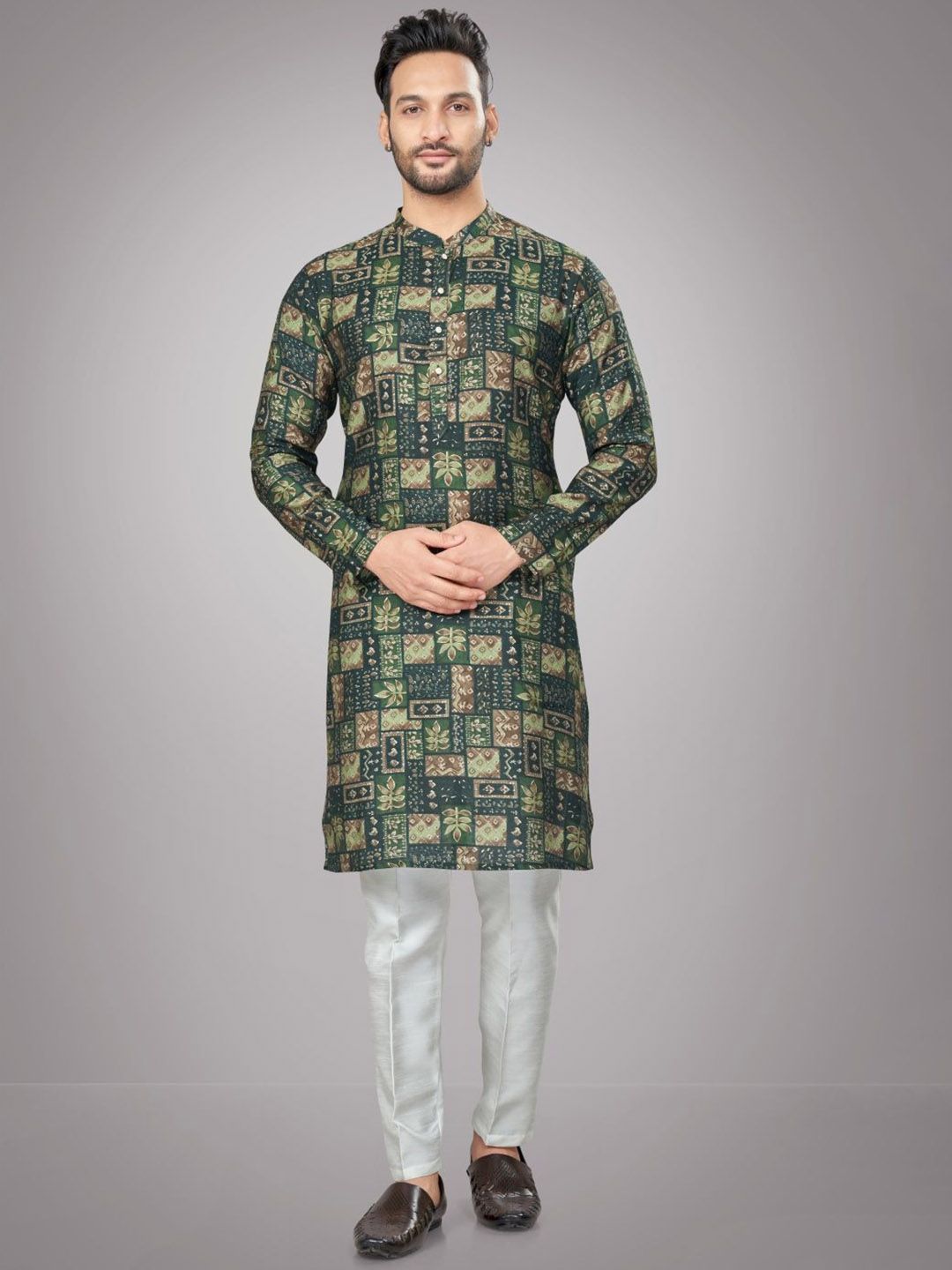 Floral Printed Mandarin Collar Straight Kurta & Pyjamas