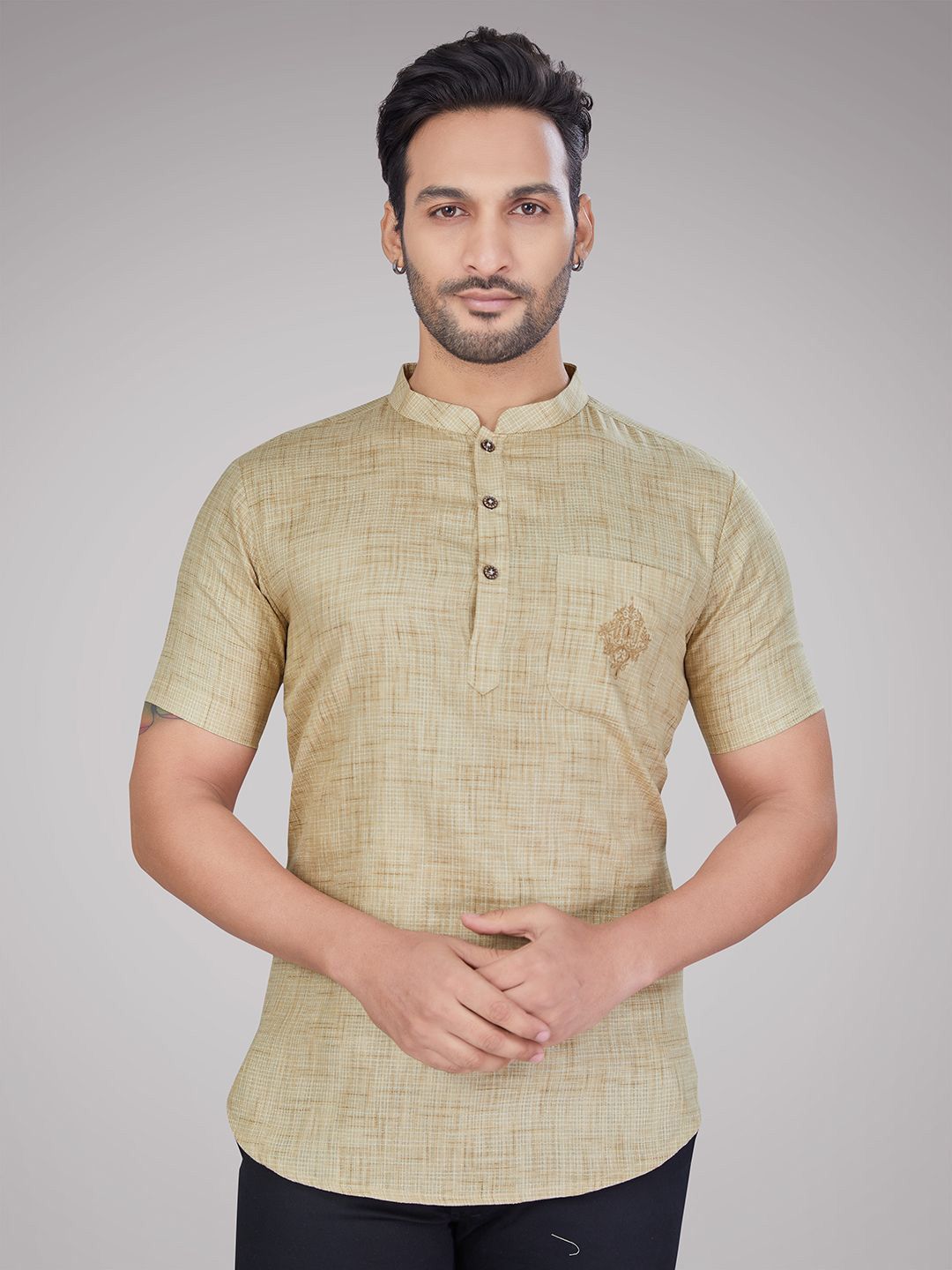 Men Self Design Thread Work Short Kurta