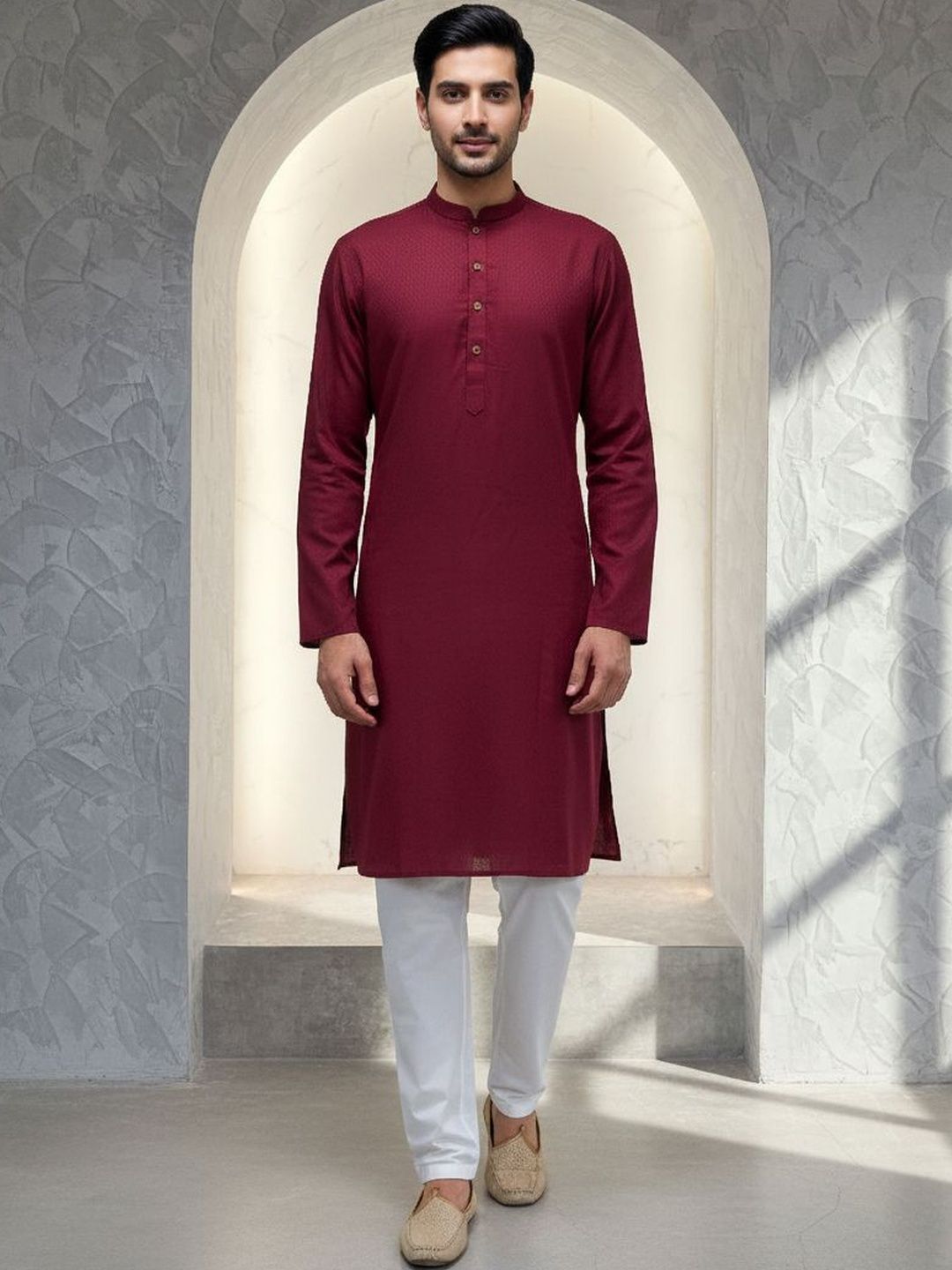 Men Self Design Mandarin Collar Regular Kurta with Trousers