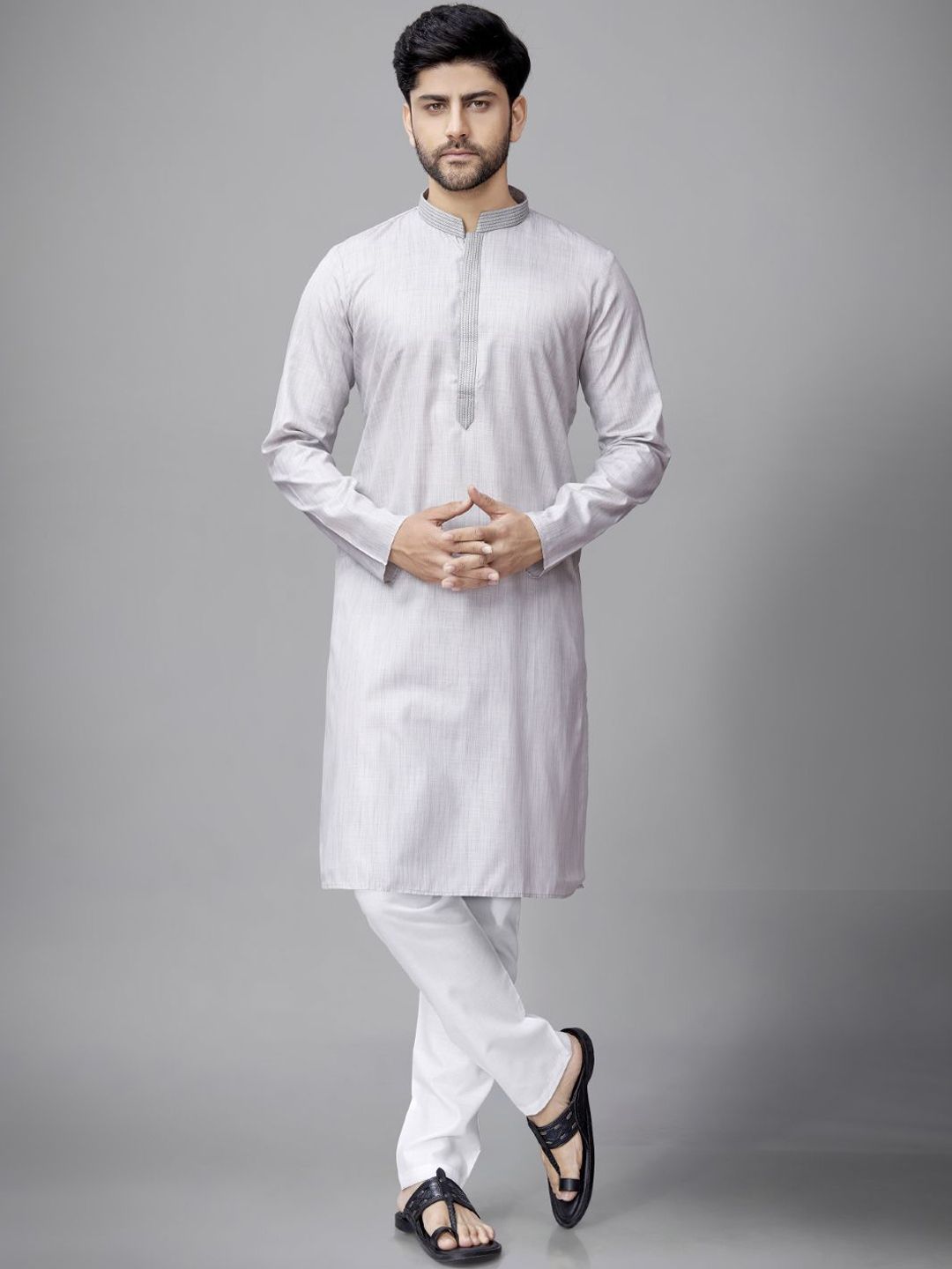 Self Design Mandarin Collar Straight Kurta With Pyjamas