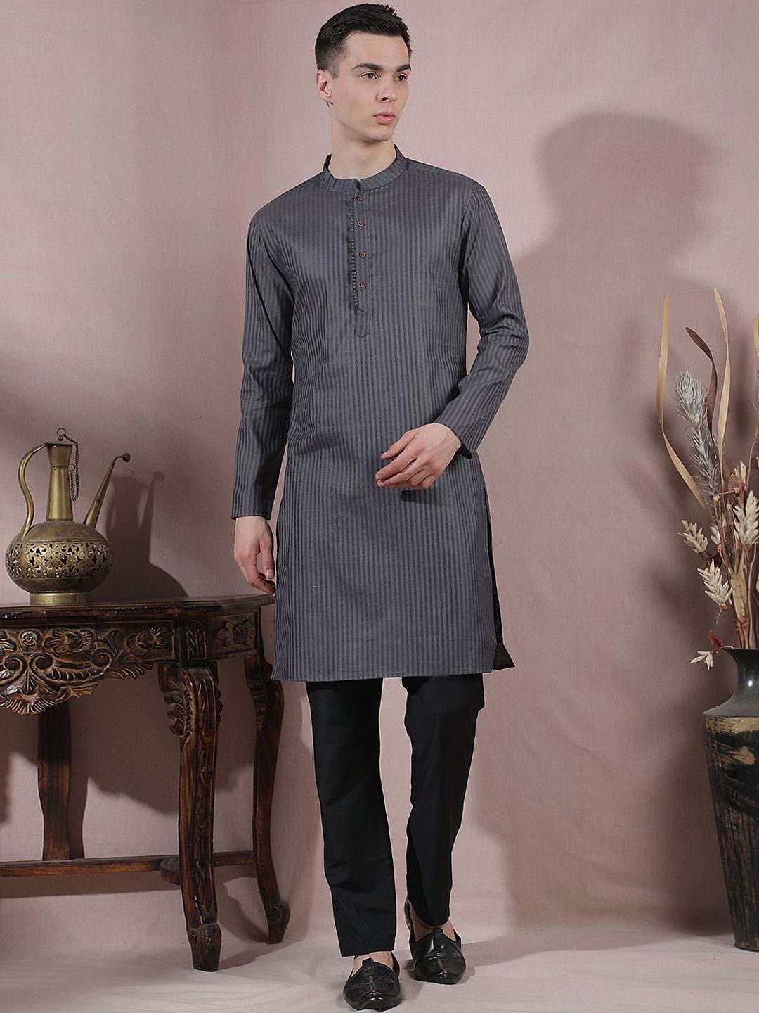 Men Striped Regular Kurta with Trousers